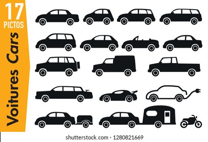 Set of pictograms to illustrate the theme of automotive models, grouping on a board, signage for advertising and marketing.