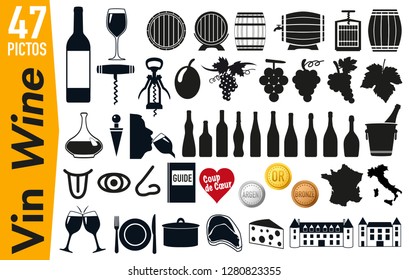 Set of pictograms to illustrate the theme of wine and vineyards, grouping on a board, signage for advertising and marketing.