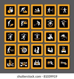 Set of pictograms for indoor sport and leisure activities in orange and white on black