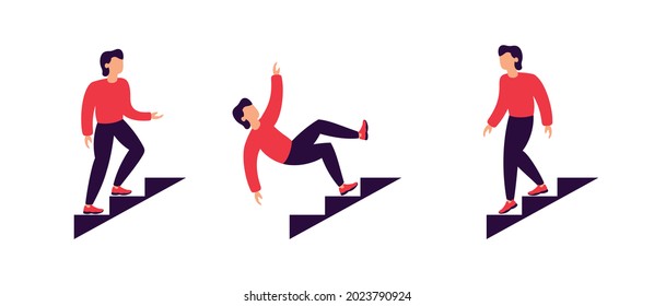 conjunto de pictogramas de personas en las escaleras, íconos hombres sube y baja las escaleras, aislada ilustración vectorial