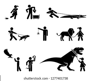 Set of pictograms presenting dangerous pets and their owners. Exotic wild animals kept as pets. 
