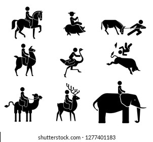 Set of pictograms presenting riding of various kind of animals. Animals used for riding as tradition and comic, non traditional animal riding.
