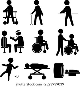 A set of pictograms related to medical care and nursing