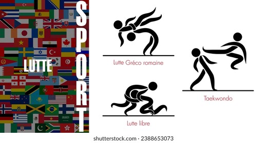 Set of pictograms representing the 3 combat sports disciplines with an opponent - text on a background of global flags, translation: sport, struggle.
