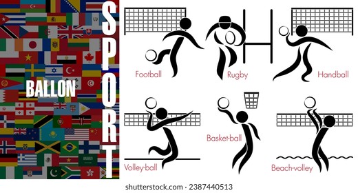 Piktogramme für die 6 Sportarten, die mit einem Ball spielen - Text auf dem Hintergrund der Weltflagge, Übersetzung: Sport, Ball.