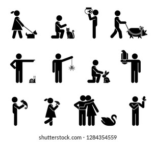 Set of pictograms representing bond between humans and animals. Collection of icons representing various types of animals and pets. 
