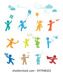 Set von Piktogrammen, die Kinder repräsentieren, die spielen und Spaß haben. Erstaunliche Aktivitäten im Freien für Kinder. 
