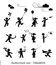 Set of pictograms representing children playing and having fun. Amusing outdoor activities for kids. 
