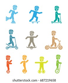 Set of pictograms representing children riding all sorts of modern vehicles. Various types of classic and electric roller skates, scooters and hover board.