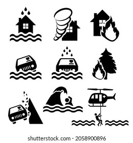 Set of pictograms representing different disasters - flood, tornado, fire, landslide, tsunami, rescue. 