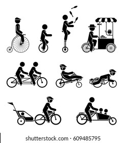 Set of pictograms representing people riding various types of bicycles.