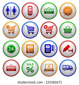 Set pictograms supermarket services, Shopping Icons. Colorful round buttons