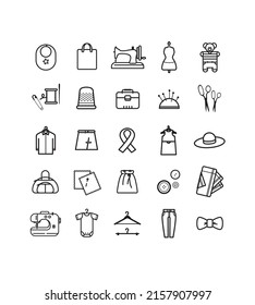 Set Of Pictograms And Symbols On The Theme Of Fashion, Sewing, Haberdashery, Brand Image, Visual Identity, Logotype, Sign, Seamstress, Clothing Recovery, Alteration, Creation, Shirt, Dress