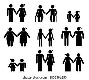 Set Of Pictograms That Represent Various Kinds Of People. Body Appearance. Pictograms Which Represent Couple In Love With Various Type Of Body Shape And Age Difference.