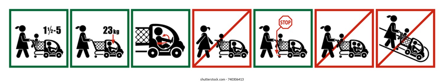 Set of pictograms which represent correct and wrong usage of shopping trolley. Rules on how to ride a child on shopping trolley. 