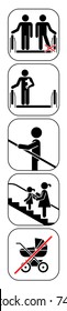 Set of pictograms which represent correct usage of escalator. How to use escalator in a safe way. 