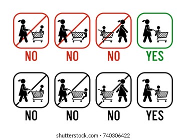 Set of pictograms which represent correct and wrong usage of shopping trolley. Rules on how to ride a child on shopping trolley. 