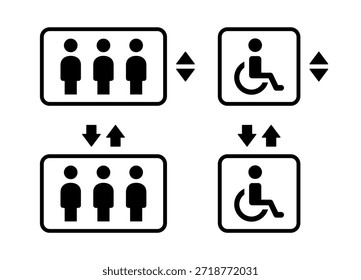 Um conjunto de pictogramas para o sinal do elevador. Elevador para deficientes, elevador de passageiros
