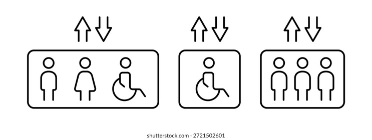 Um conjunto de pictogramas para o sinal do elevador. Elevador para deficientes, elevador de passageiros