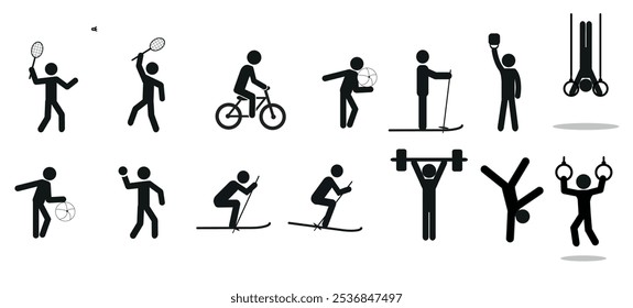 a set of pictographs of a person with various sports objects, a stick, a man with a ball, a bicycle, a kettlebell, a barbell, skis, rings, human figures in different poses