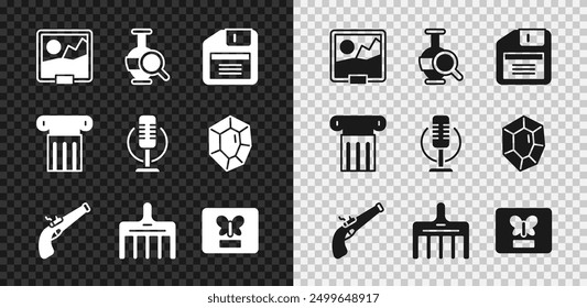 Set Picture, Ancient amphorae, Floppy disk, Vintage pistol, Hairbrush, Butterfly frame, column and Microphone icon. Vector