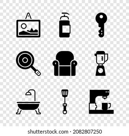 Set Picture, Antibacterial soap, House key, Bathtub, Spatula, Coffee machine, Frying pan and Armchair icon. Vector