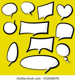 Set picture blank template comic cartoon text speech chat bubble style pop art. Comic dialog empty cloud, space comic box. Creative idea conversation. Clear comics book sketch explosion.
