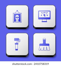 Set Picture, Computer with design program, Paint roller brush and  icon. White square button. Vector