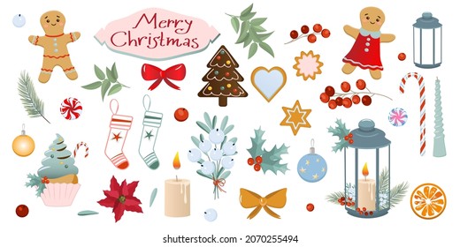 Set of picture details Merry Christmas. Vector illustration for the New Year's holiday. Cookies, bows, New Year's red berries, blue berries, a candle flashlight, New Year's cupcake.
