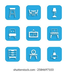 Set Picture, Dressing table, Lamp hanging, Furniture nightstand, Armchair, Floor lamp and Chair icon. Vector