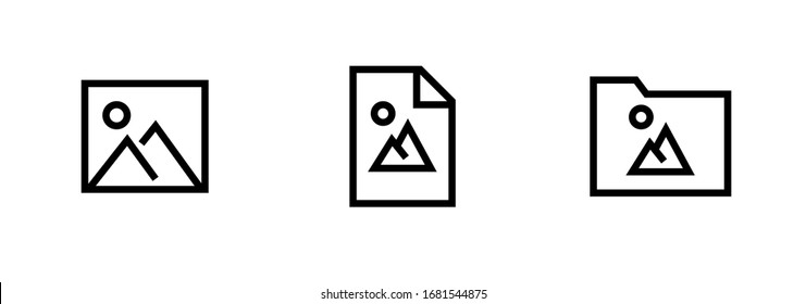 Conjunto de iconos Imagen, Archivo, Carpeta. Vector de línea editable. Símbolo de imagen en un marco rectangular sobre una hoja de papel y en el centro de la carpeta de archivos de laptop. Pictograma de grupo.