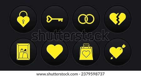 Set Picture frame, Broken heart, Heart, Shopping bag with, Wedding rings, Key shape, Amour and arrow and Castle the of icon. Vector