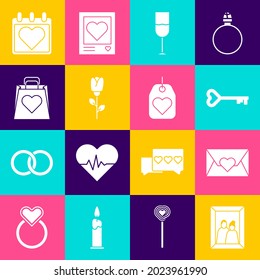 Set Picture frame, Envelope with Valentine heart, Key shape, Wine glass, Flower rose, Shopping bag, Calendar and Heart tag icon. Vector