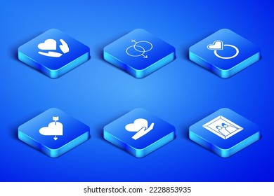 Set Picture frame, Heart in hand, Amour with heart arrow, Gender and Wedding rings icon. Vector