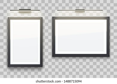 Set of Picture frame with LED light. Gallery Interior Element Mockup. Wide rectangle Black frame with spotlight for photography and painting. Editable Vector Illustration on transparent background.