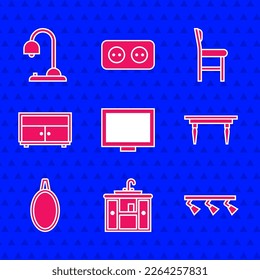 Set Picture frame on table, Washbasin cabinet with tap, Led track lights and lamps, Wooden, Mirror, Chest of drawers, Chair and Table icon. Vector