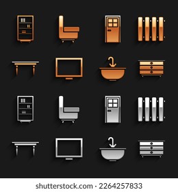 Ajuste el cuadro de imagen sobre la mesa, radiador de calefacción, cajón de cajones, lavabo con grifo de agua, madera, puerta cerrada, estantería de biblioteca e icono de sillón. Vector