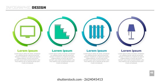 Set Picture frame on table, Staircase, Heating radiator and Table lamp. Business infographic template. Vector