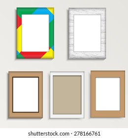 Set of Picture frame vector in art, grunge,  white , and wood color on gray  wall with realistic shadows