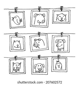  Set picture frames with animals portrait, hand drawn vector illustration.