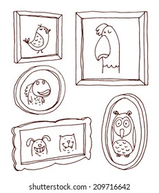  Set picture frames with animals portrait, hand drawn vector illustration.