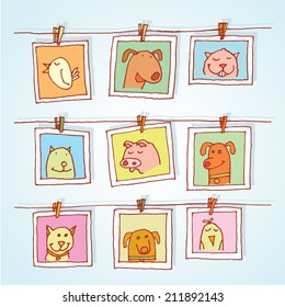  Set picture frames with animals portrait, hand drawn vector illustration.