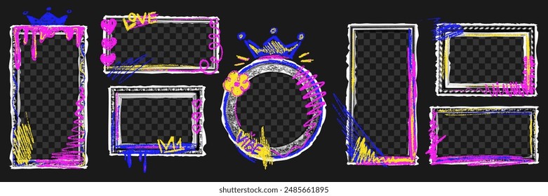 A set of picture frames with a halftone effect and naive scribbles of chalk, pencils or markers. Vector illustration of a carved rectangular, square or round frame in retro collage style.