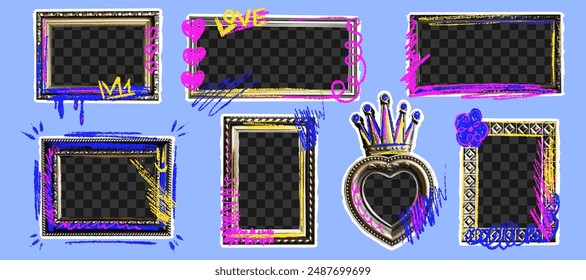 A set of picture frames with a halftone effect and naive scribbles of chalk, pencils or markers. Vector illustration of a carved rectangular, square or heart-shaped frame in retro collage style.