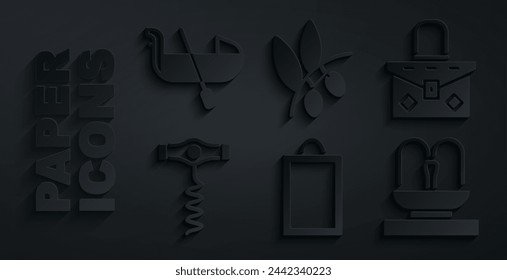 Set Picture, Handbag, Wine corkscrew, Fountain, Olives branch and Gondola icon. Vector