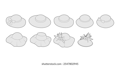 Set of Picture Hats with band. Summer Head Fashion accessory cap clothing technical illustration. Vector headgear for Men, women, unisex style, flat template CAD mockup sketch outline isolated