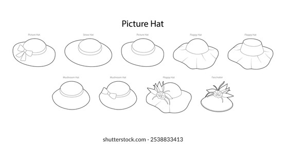 Set of Picture Hats with names - Straw, Floppy, Mushroom with Fascinator. Head Fashion accessory cap clothing technical illustration. Vector headgear for Men, women, flat template CAD mockup sketch