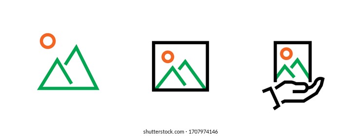 Set picture icon. Editable Line Vector. Three types sign gallery, without frame, in the frame, on his arm, color, black and white, outline.