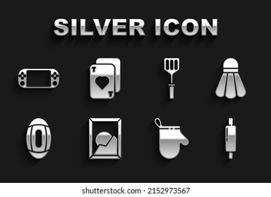 Set Picture landscape, Badminton shuttlecock, Rolling pin, Oven glove, American Football ball, Spatula, Portable video game console and Playing cards icon. Vector