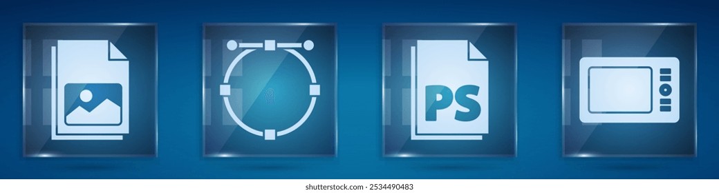 Set Picture landscape, Circle with Bezier curve, PS File document and Graphic tablet. Square glass panels. Vector